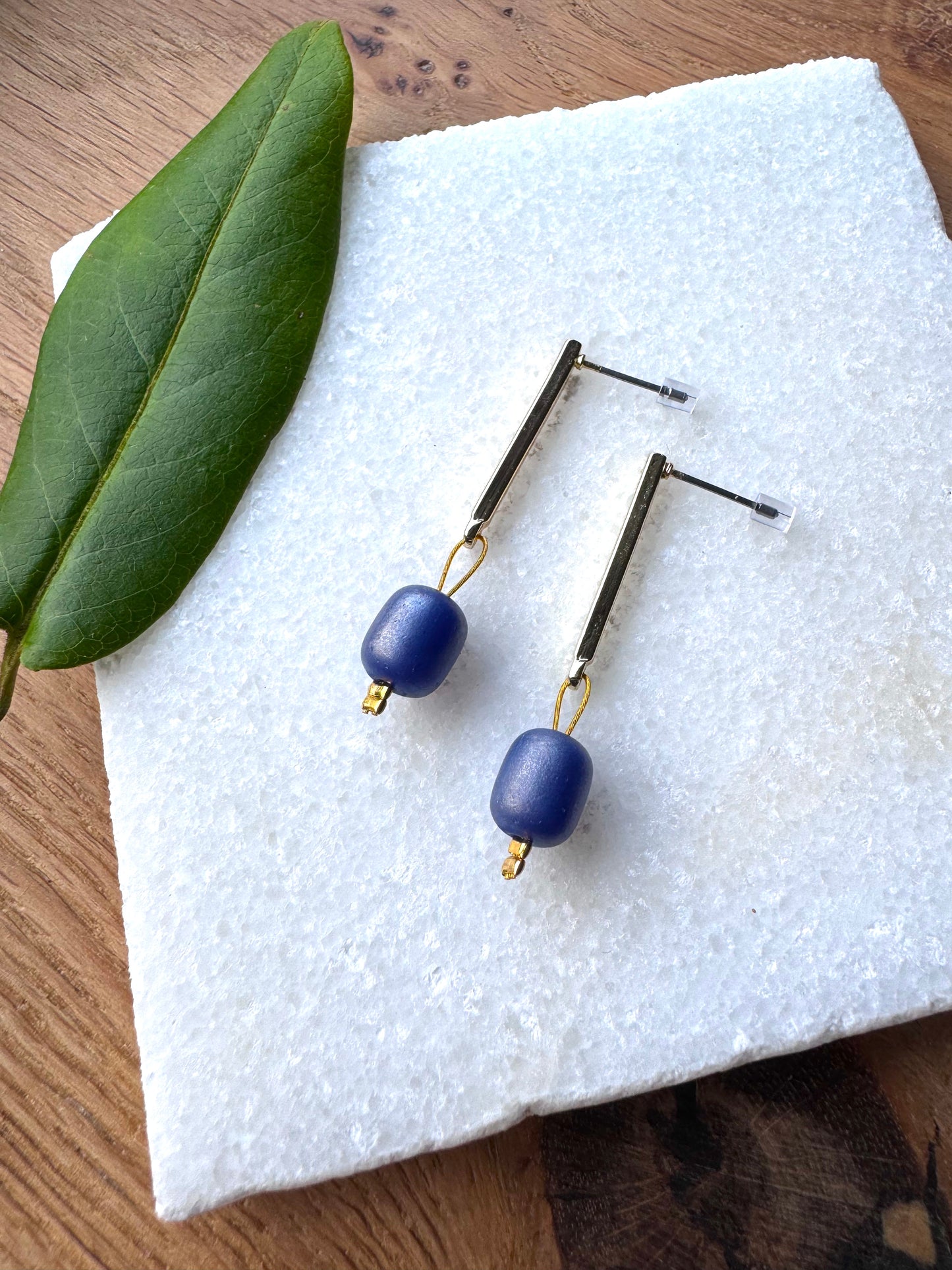 Blue dangle drop earrings on gold tops by The Dorothy Days