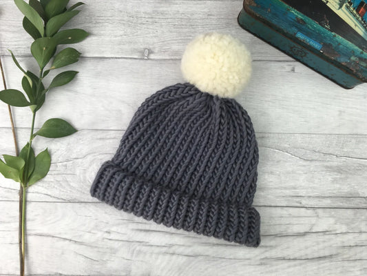 Child/ Small Adult- Dark Grey knitted bobble hat