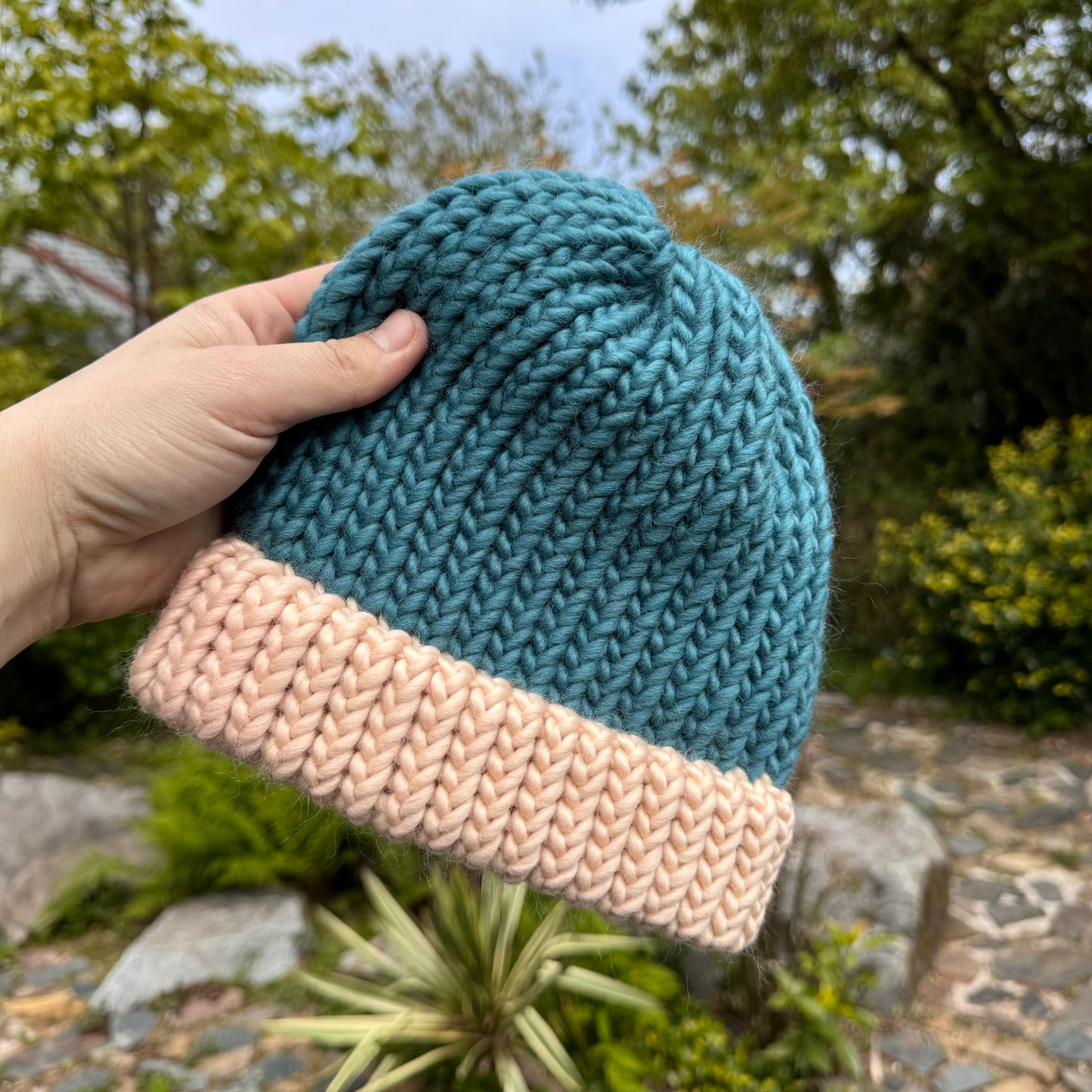 Adult - 100% merino wool beanie hat in blush and teal