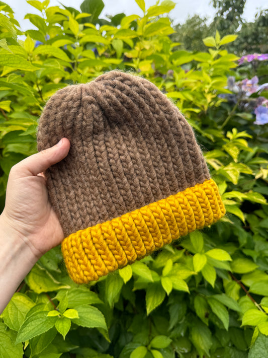 Knitted beanie hat - Mustard and Brown - Child/ Small Adult - SECONDS