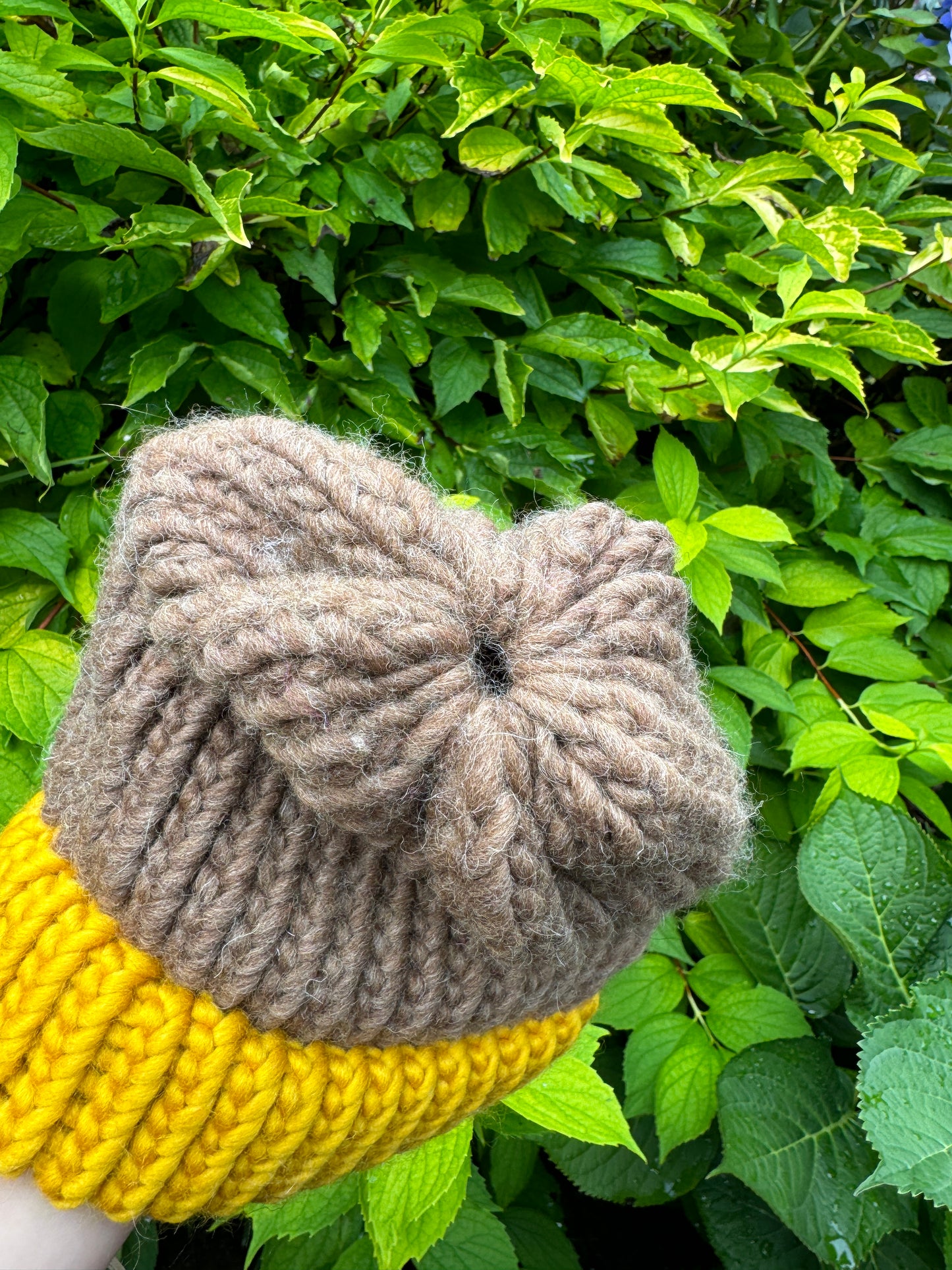 Knitted beanie hat - Mustard and Brown - Child/ Small Adult - SECONDS