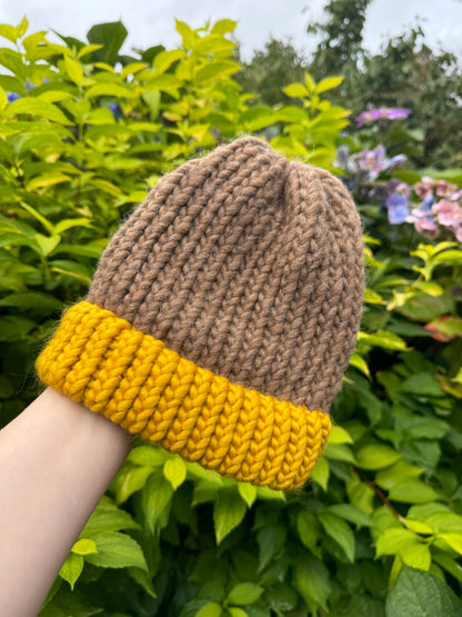 Knitted beanie hat - Mustard and Brown - Child/ Small Adult - SECONDS