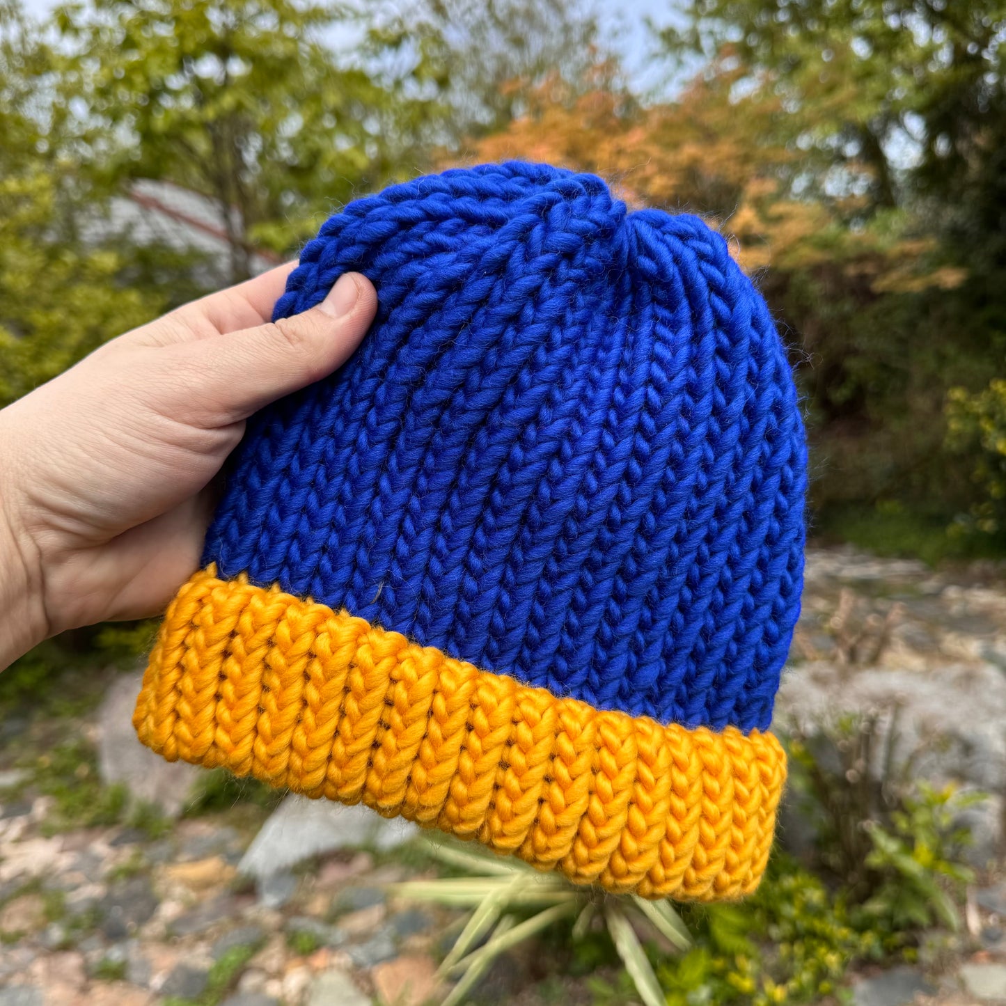 Adult - Colourful beanie hat - Buttercup and Royal Blue