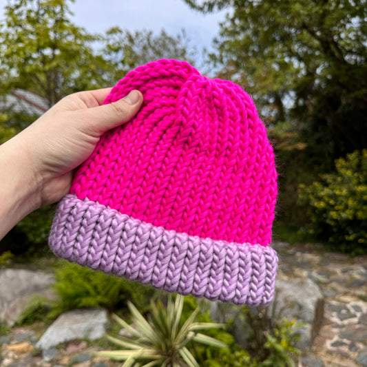 Adult - Bright pink and lavender knitted hat - 100% merino wool