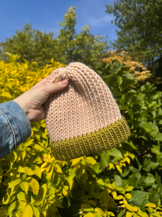 Moss green and blush pink knitted hat - Adult