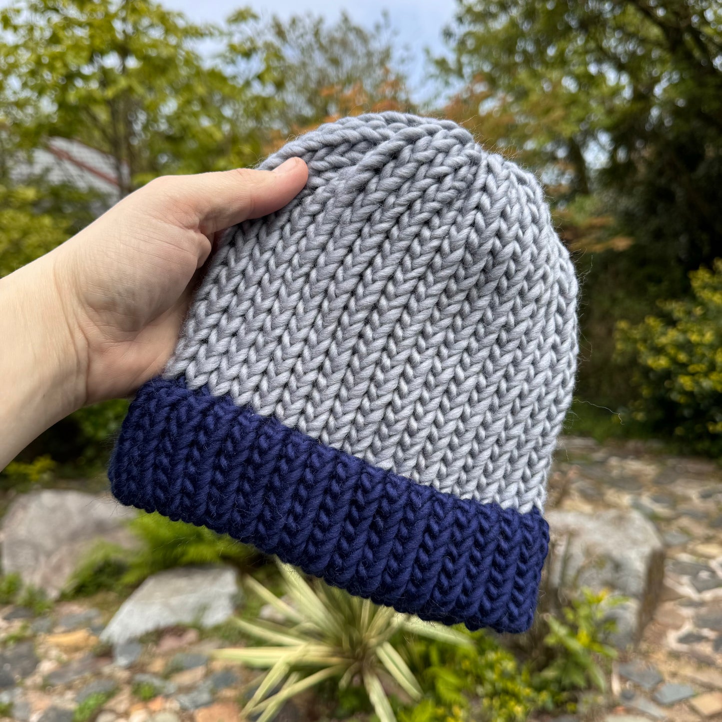 Adult - Blue and grey knitted hat - 100% merino wool