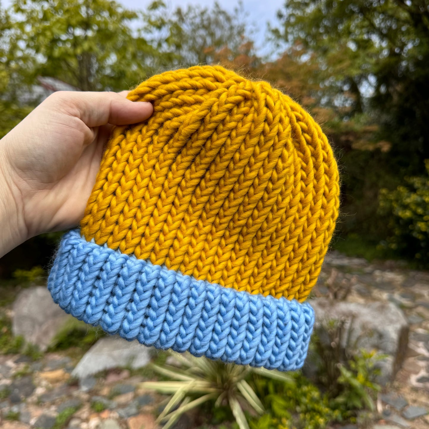 Adult - Mustard and Blue - Merino Wool knitted hat