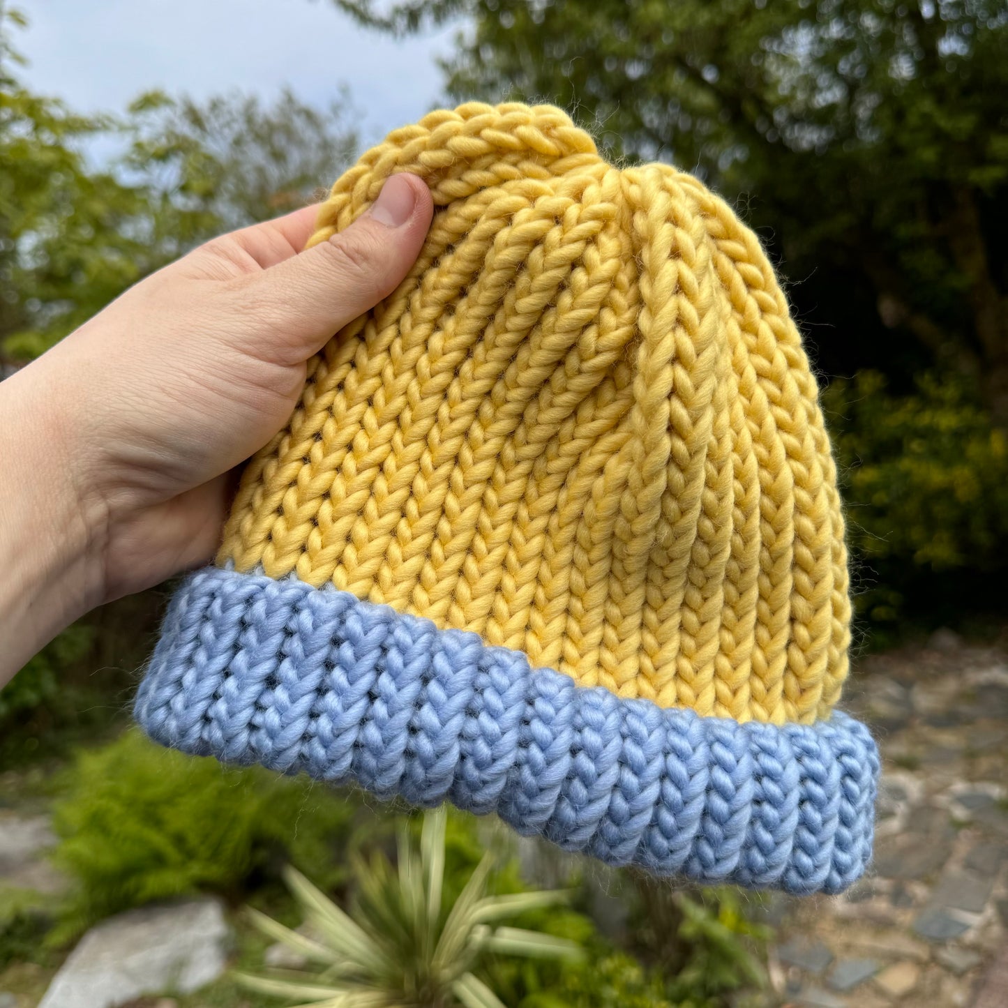 Adult - Pastel yellow and blue knitted hat