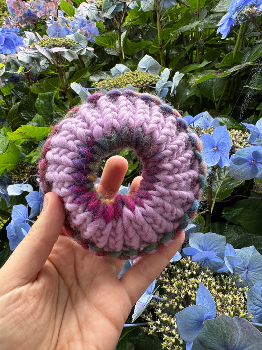 Purple tie dye effect knitted scrunchie