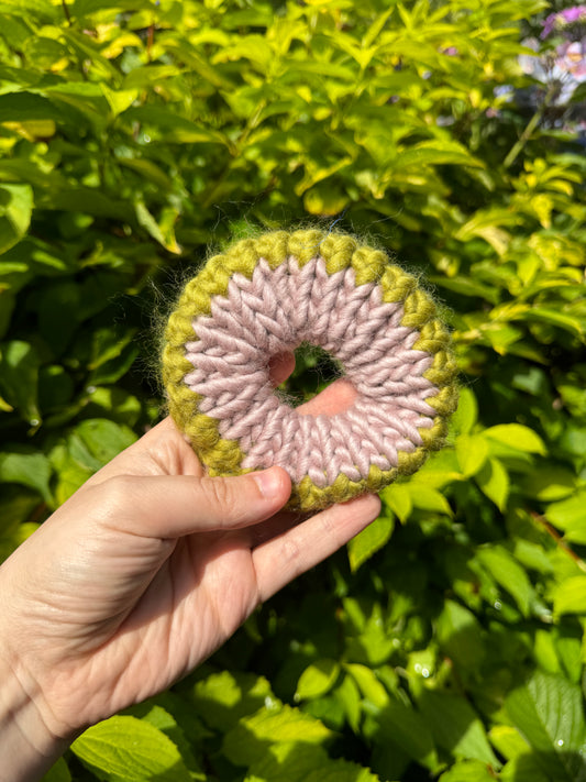 Mink pink and moss green knitted scrunchie