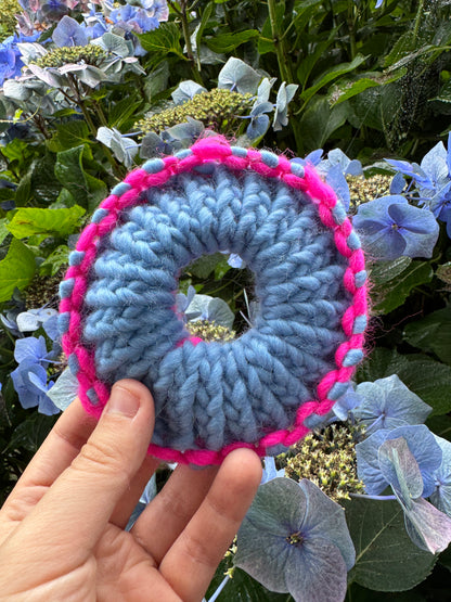 Blue and pink knitted scrunchie