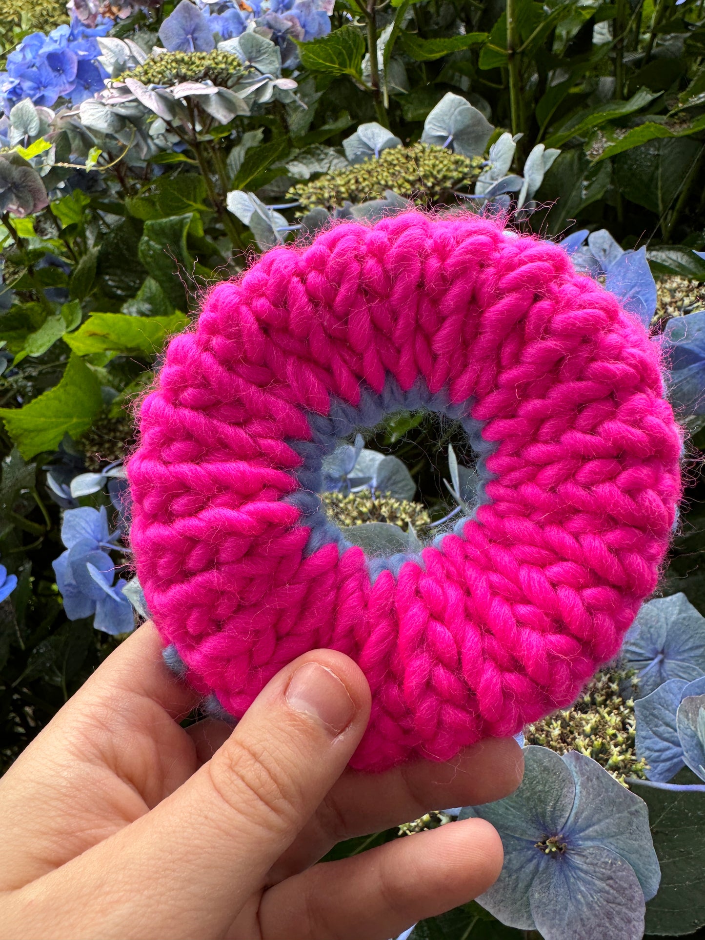 Blue and pink knitted scrunchie