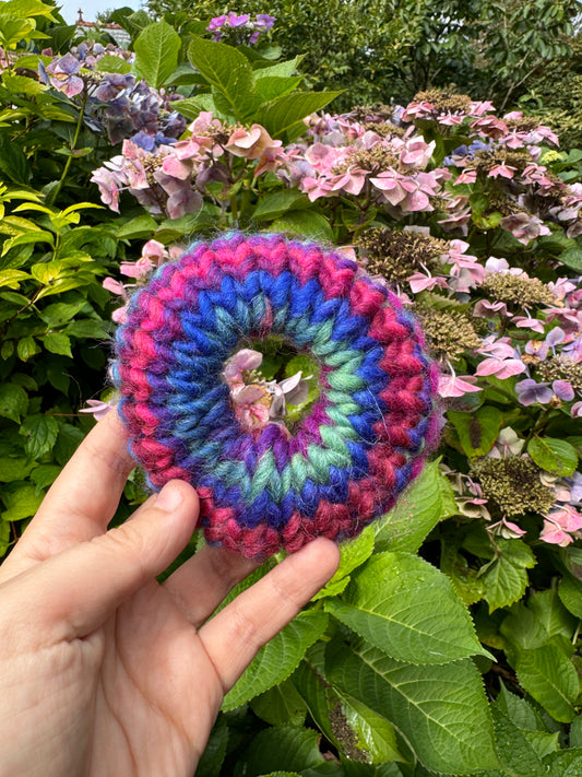 Purple and blue rainbow knitted scrunchie