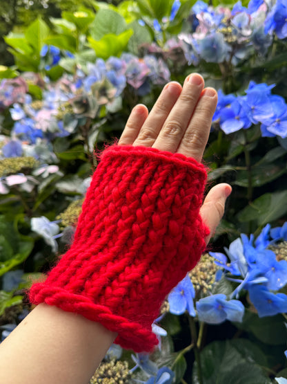 Wonky pair - Adult red fingerless gloves