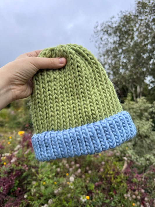 Adult knitted hat in sage and pastel blue - SECONDS