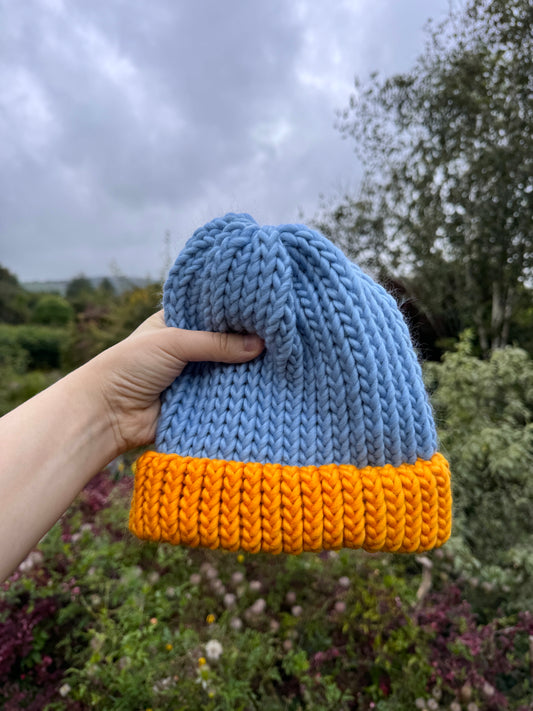 Adult knitted hat - 100% merino wool - buttercup and blue