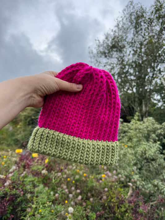 Adult knitted hat - 100% merino wool - raspberry and sage