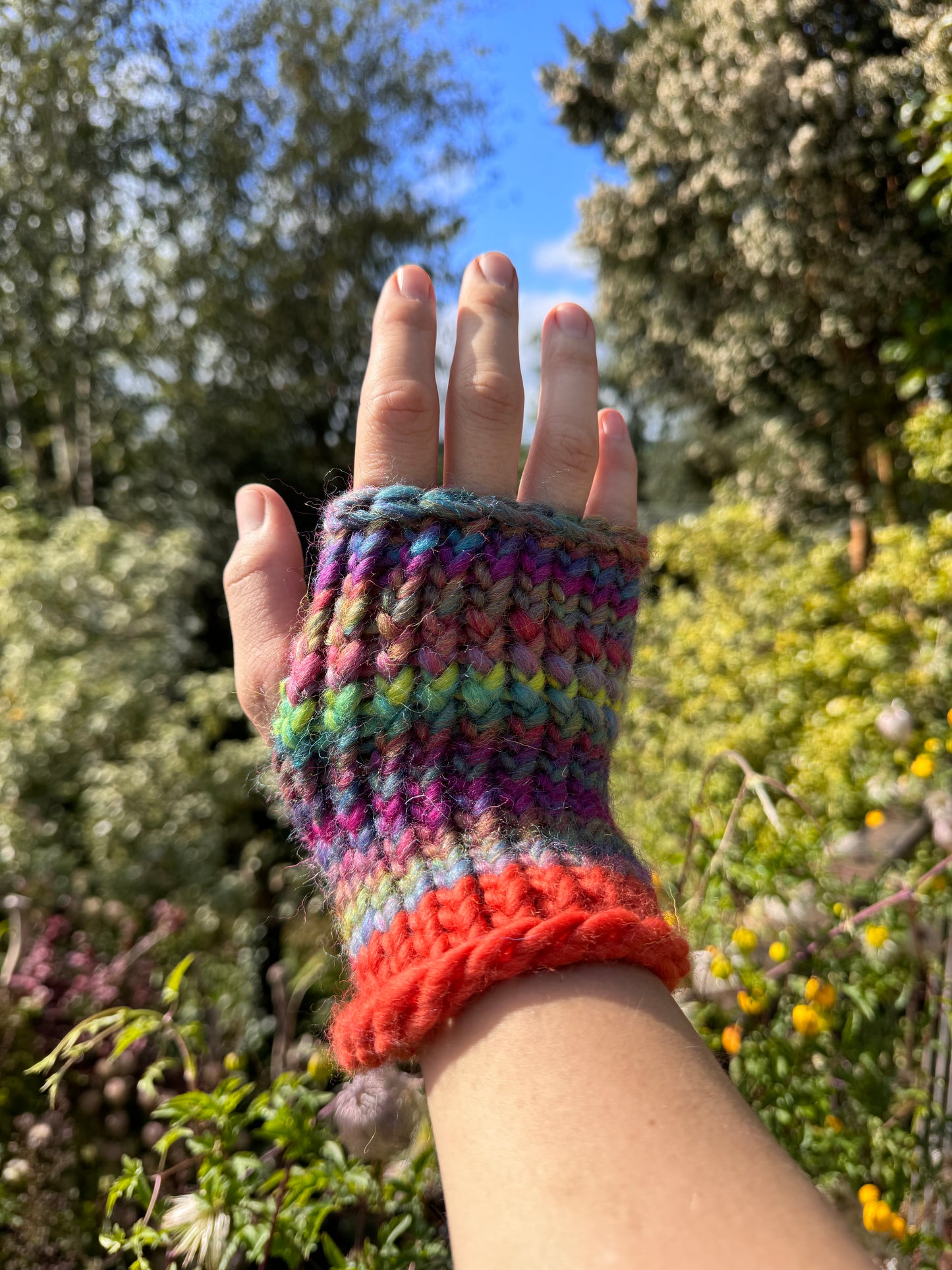 Adult - Fingerless Knitted Gloves - Rainbow and Orange