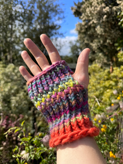 Adult - Fingerless Knitted Gloves - Rainbow and Orange