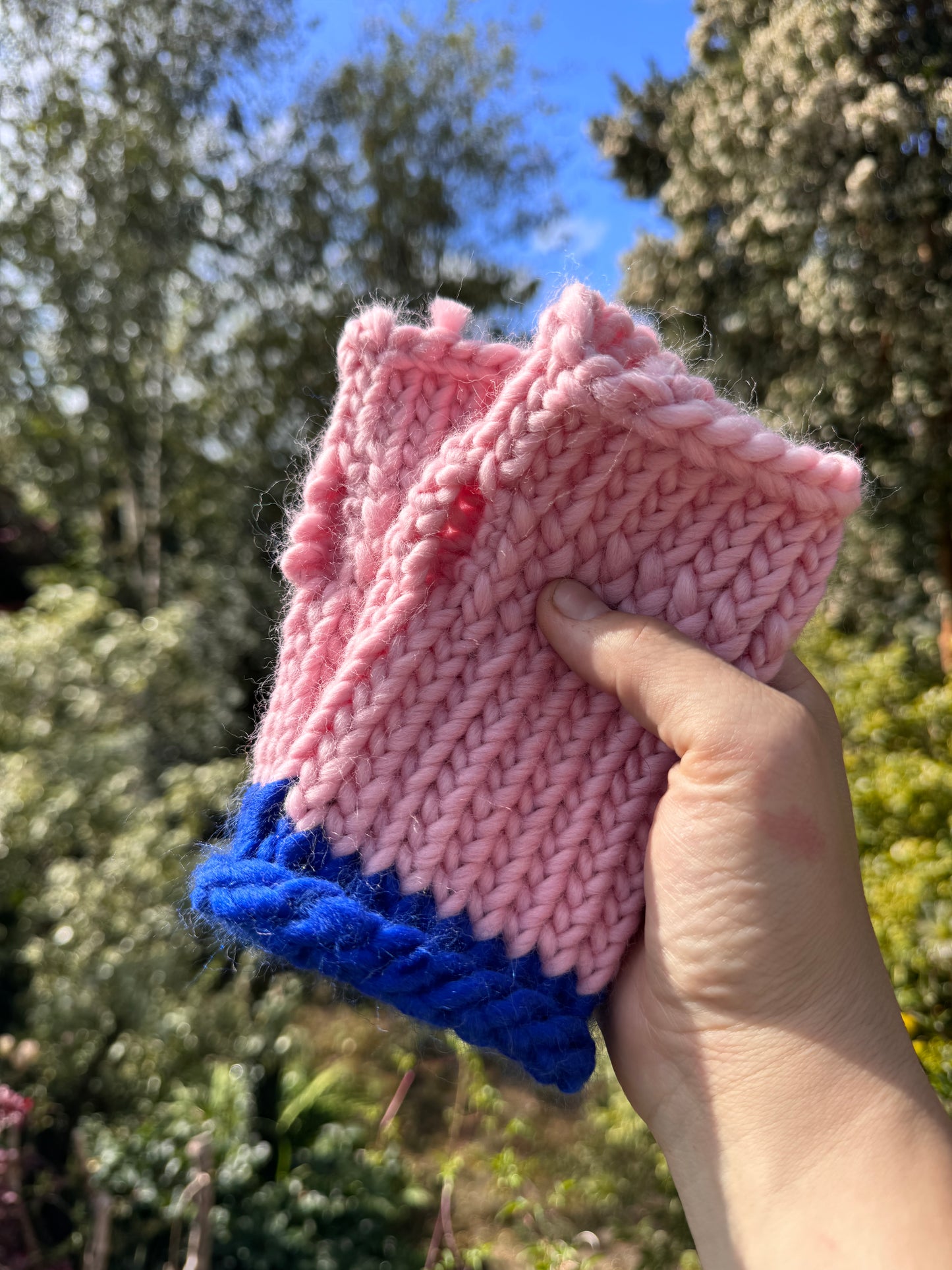 Adult - Fingerless Knitted Gloves - Pastel Pink and Royal Blue