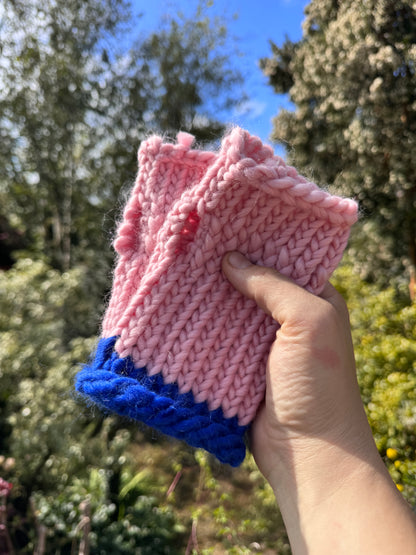 Adult - Fingerless Knitted Gloves - Pastel Pink and Royal Blue