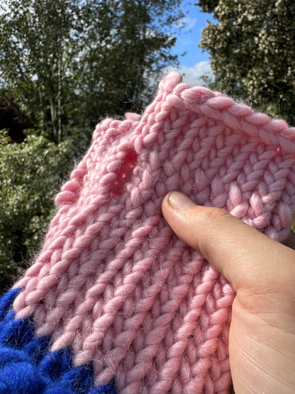 Adult - Fingerless Knitted Gloves - Pastel Pink and Royal Blue