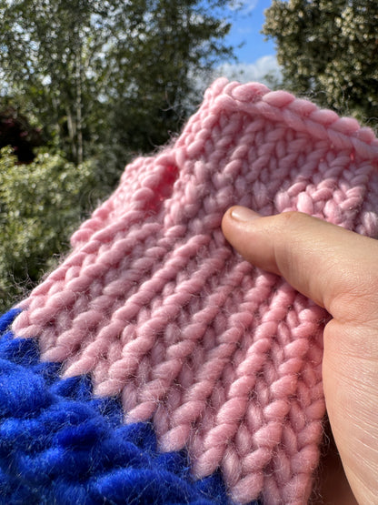 Adult - Fingerless Knitted Gloves - Pastel Pink and Royal Blue