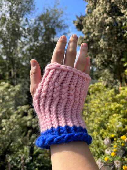 Adult - Fingerless Knitted Gloves - Pastel Pink and Royal Blue