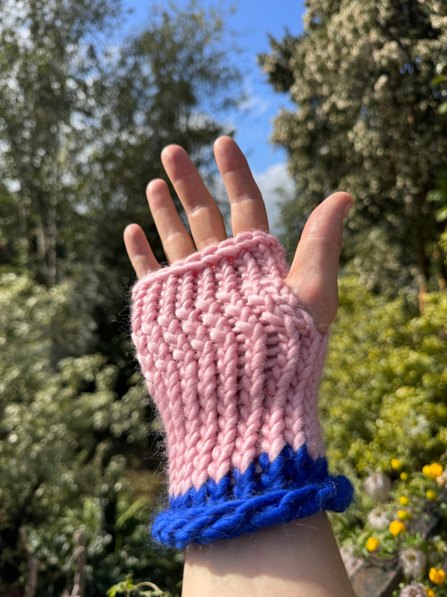 Adult - Fingerless Knitted Gloves - Pastel Pink and Royal Blue