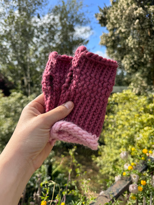 Adult - Fingerless Knitted Gloves - Mulberry and Pastel Pink