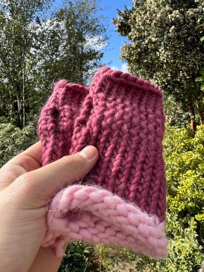 Adult - Fingerless Knitted Gloves - Mulberry and Pastel Pink