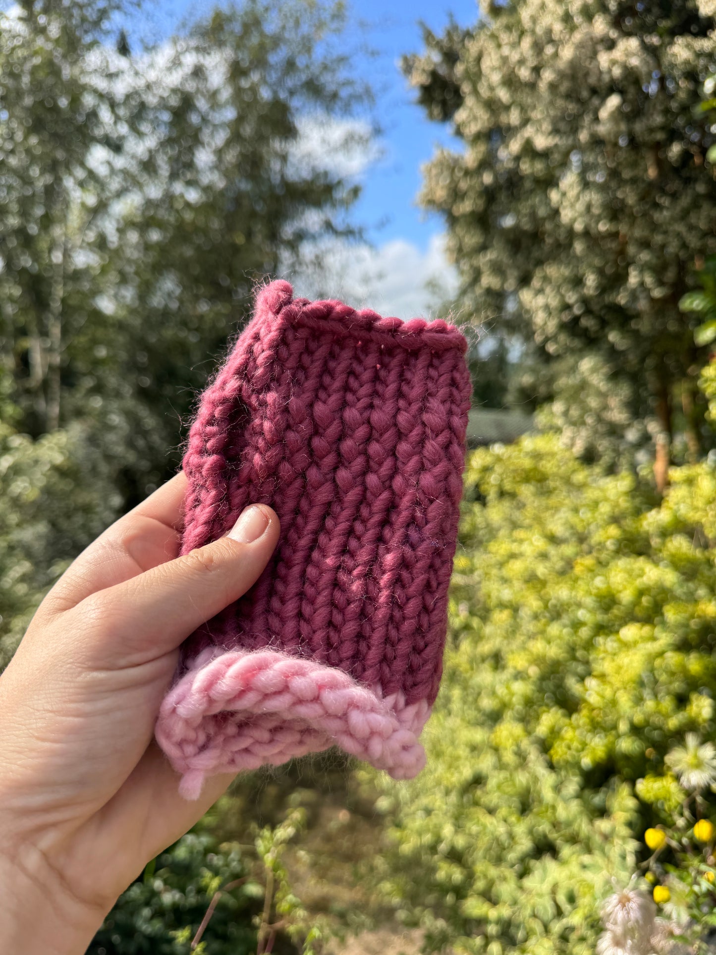 Adult - Fingerless Knitted Gloves - Mulberry and Pastel Pink