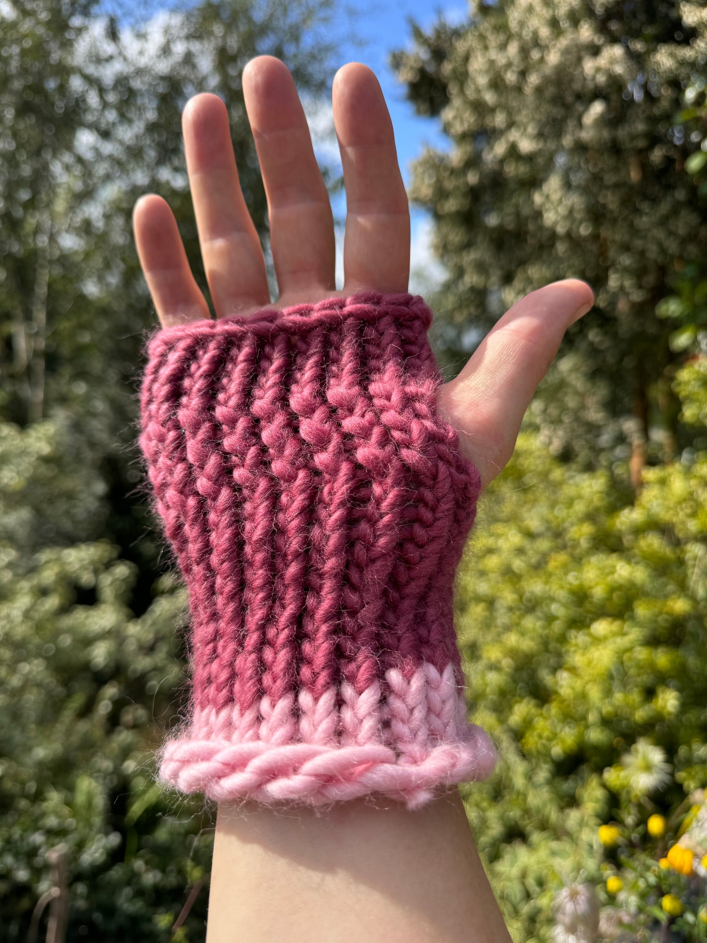 Adult - Fingerless Knitted Gloves - Mulberry and Pastel Pink