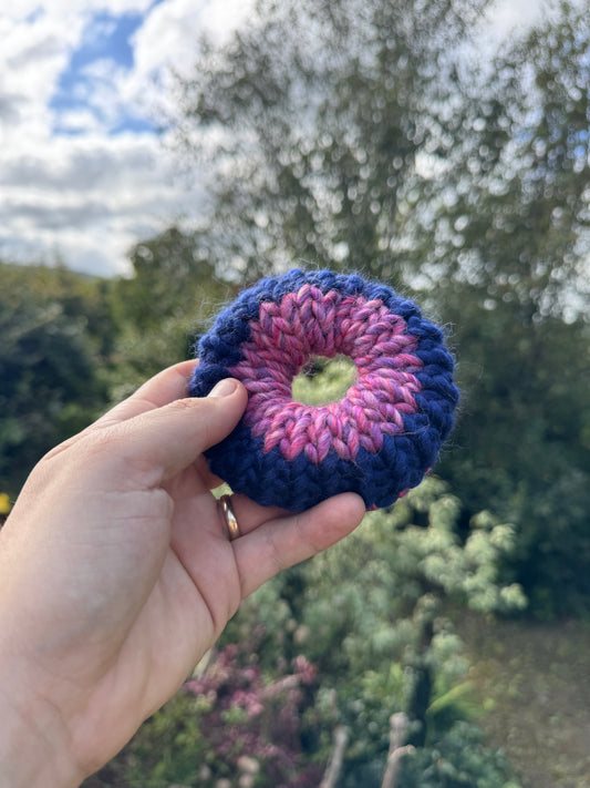 Hand knitted scrunchie - Blue and Pink Tones