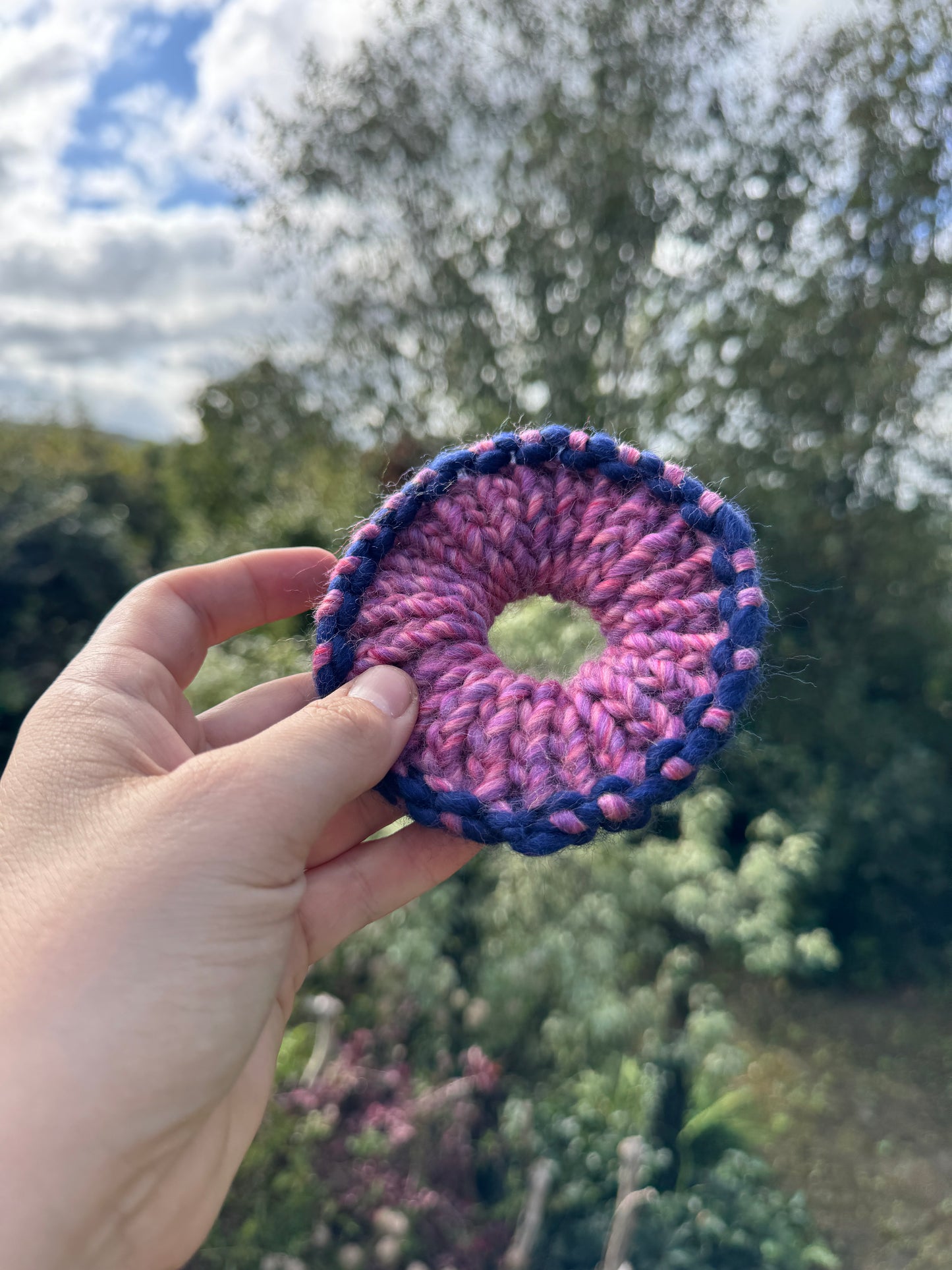 Hand knitted scrunchie - Blue and Pink Tones