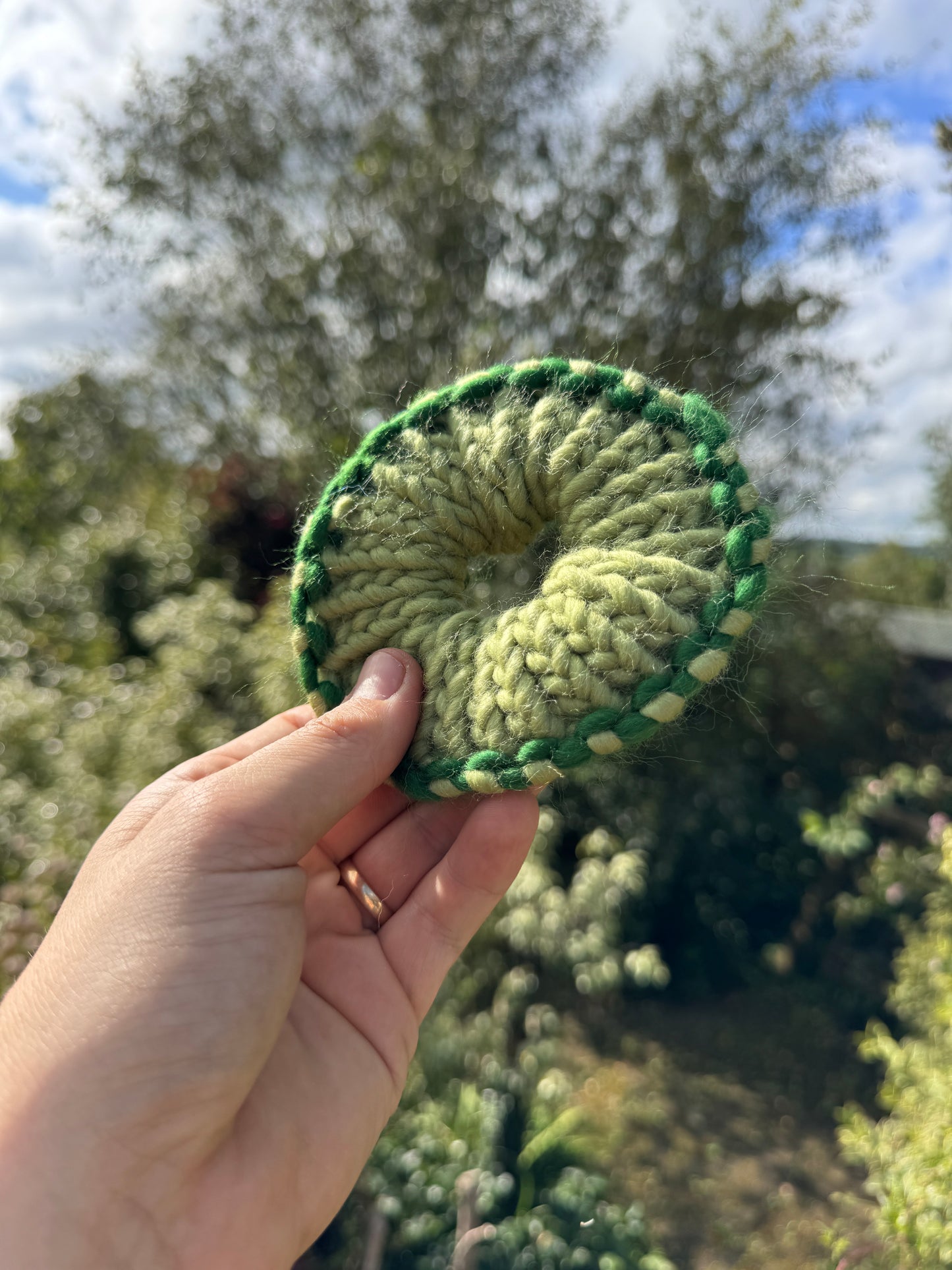 Hand knitted scrunchie - Sage and Pine Green