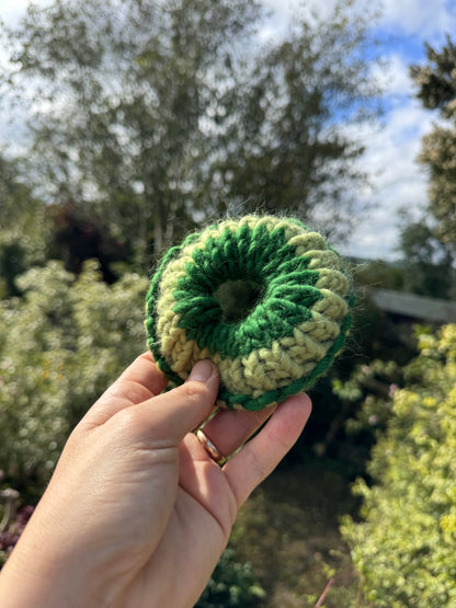 Hand knitted scrunchie - Sage and Pine Green (Version 2)