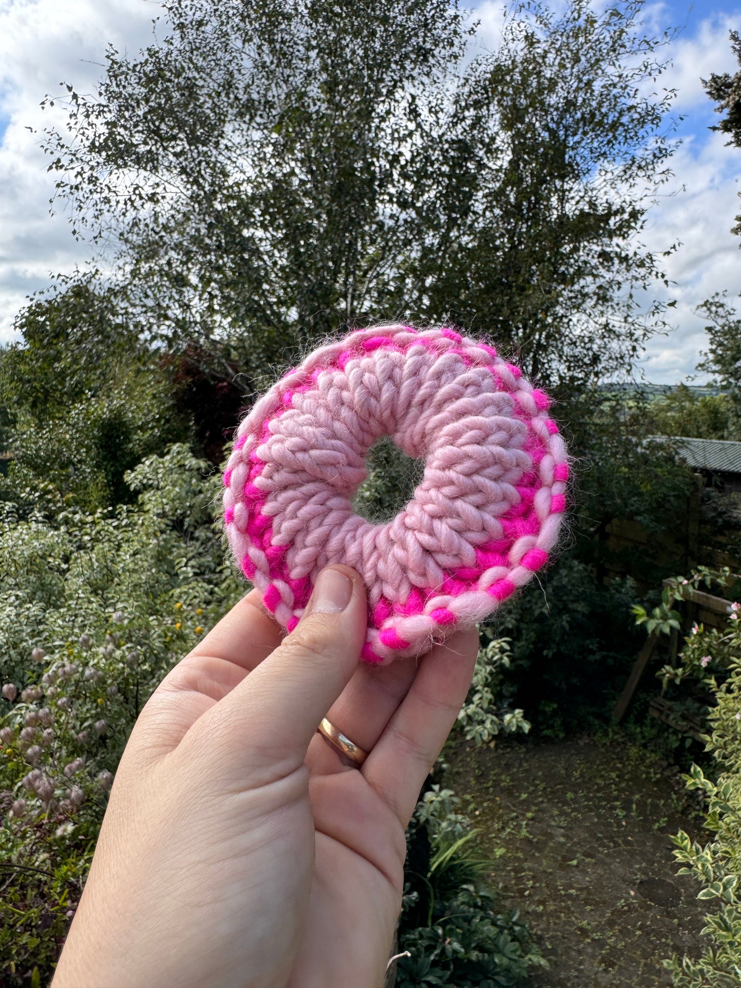 Hand knitted scrunchie - Pastel and Neon Pink