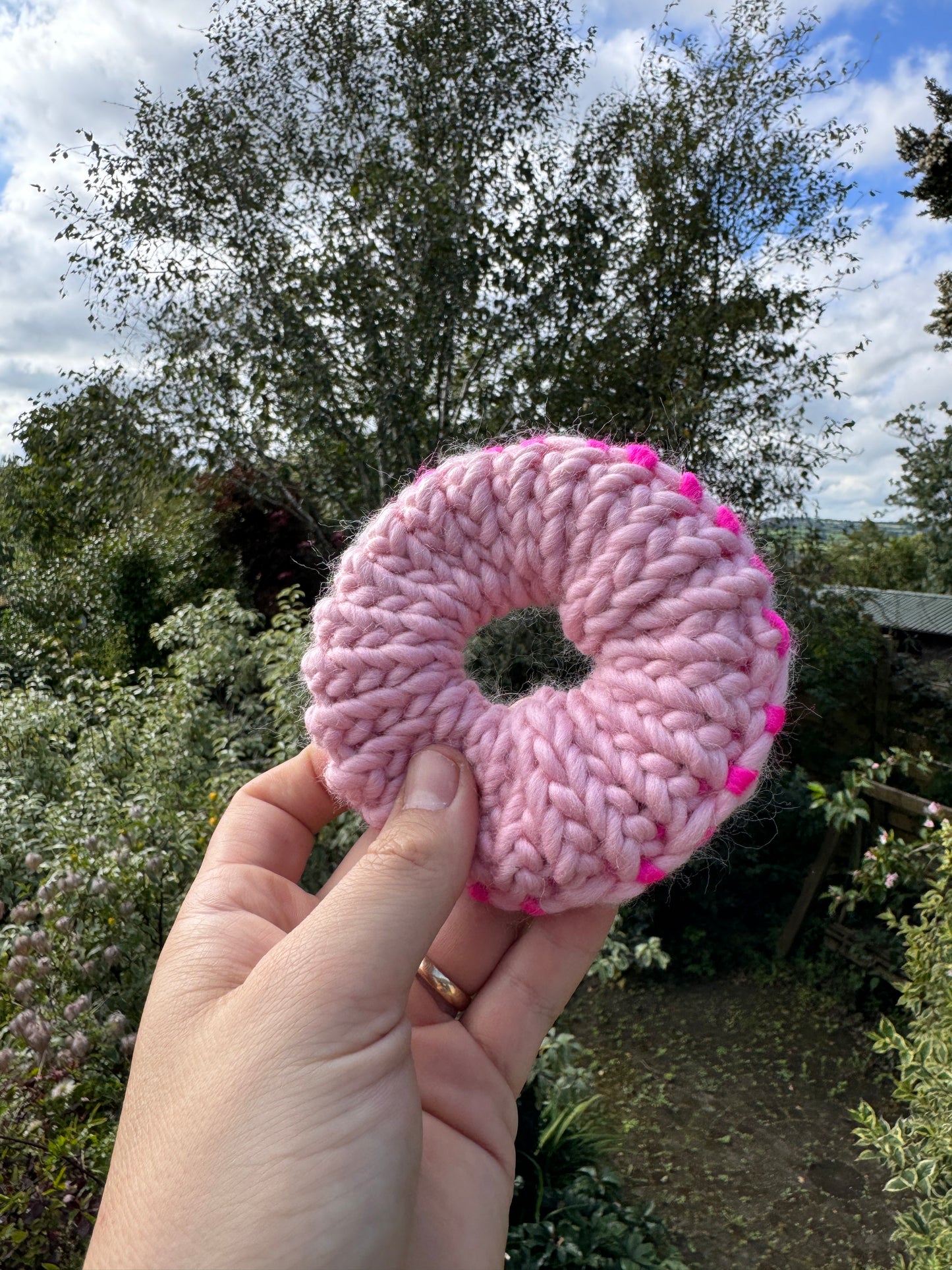 Hand knitted scrunchie - Pastel and Neon Pink