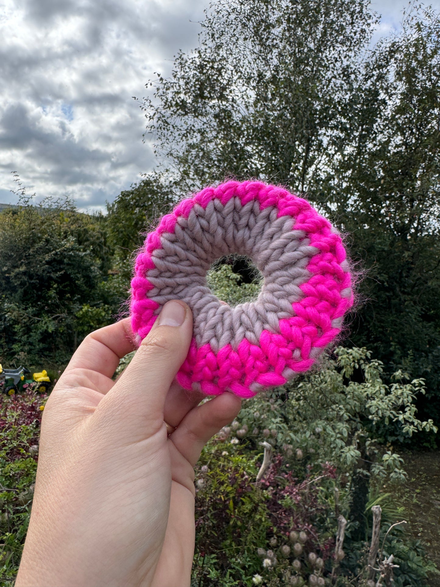 Hand knitted scrunchie - Mink Pink and Neon Pink