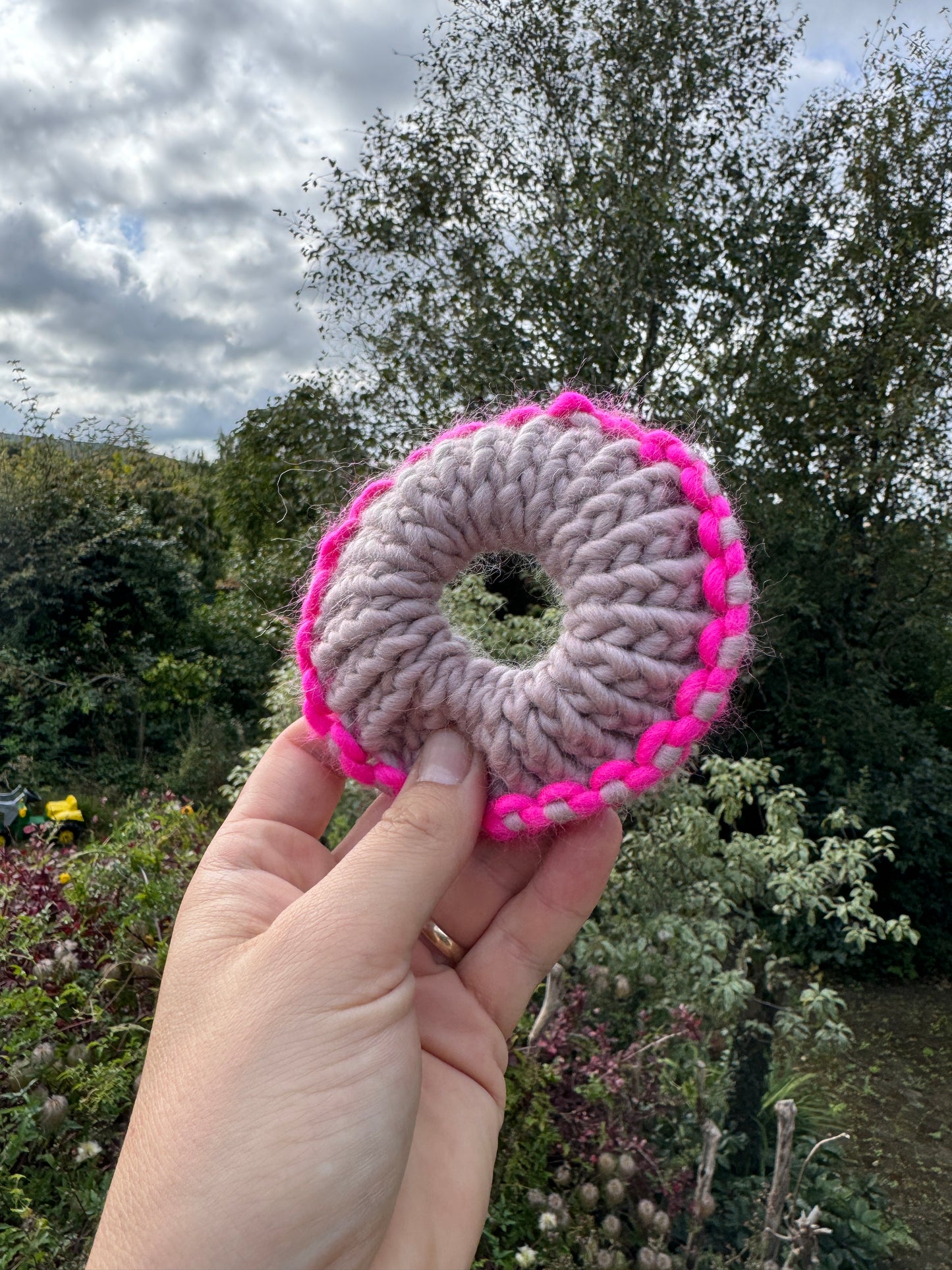 Hand knitted scrunchie - Mink Pink and Neon Pink