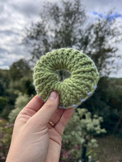 Hand knitted scrunchie - Sage Green and Grey