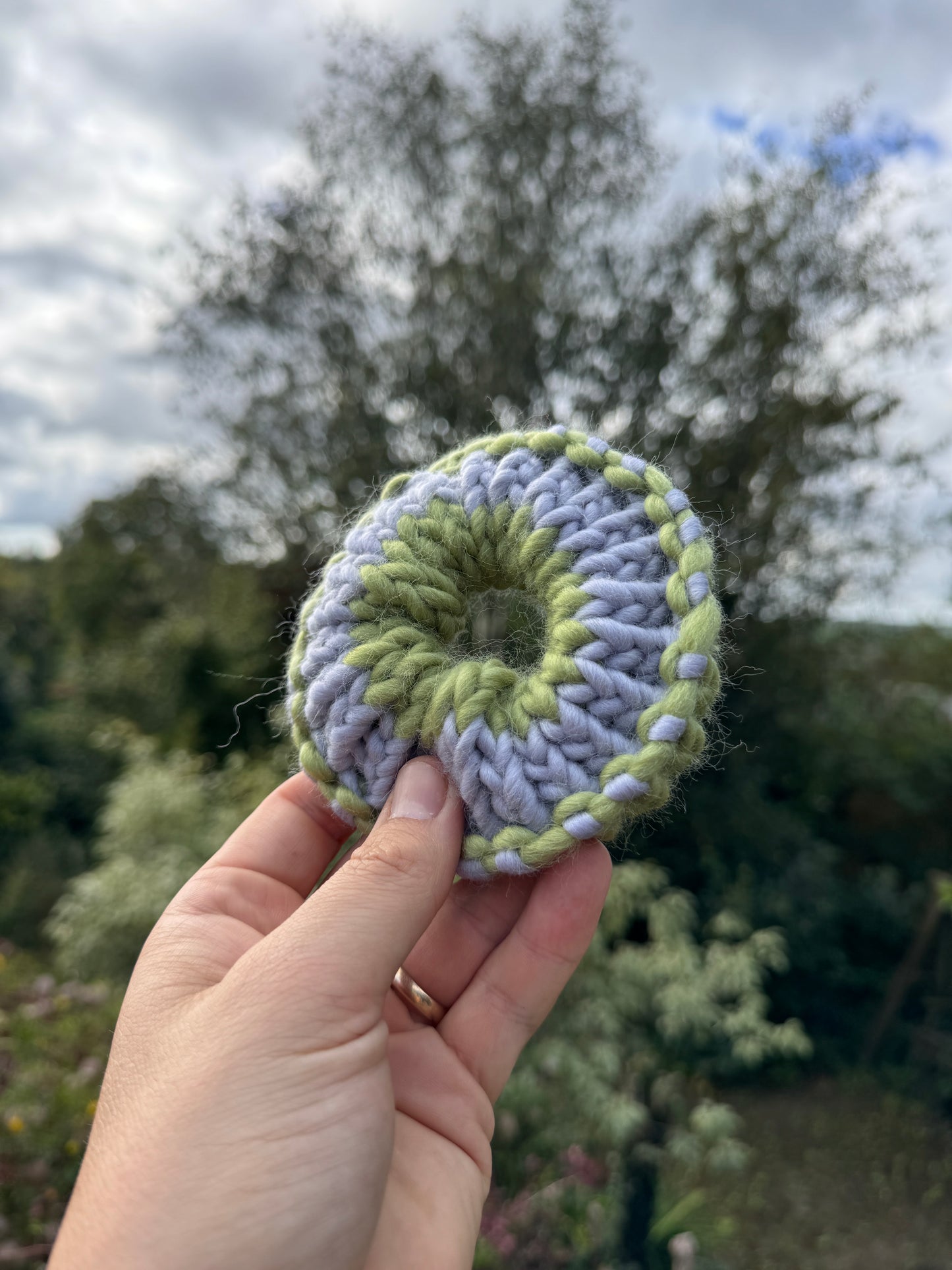 Hand knitted scrunchie - Sage Green and Grey