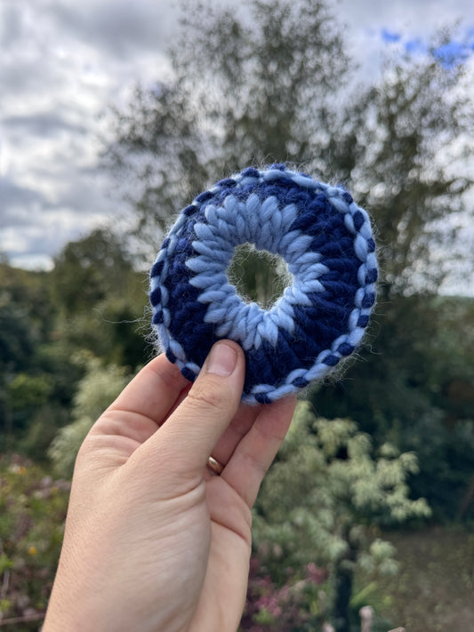 Hand knitted scrunchie - Blue Pattern