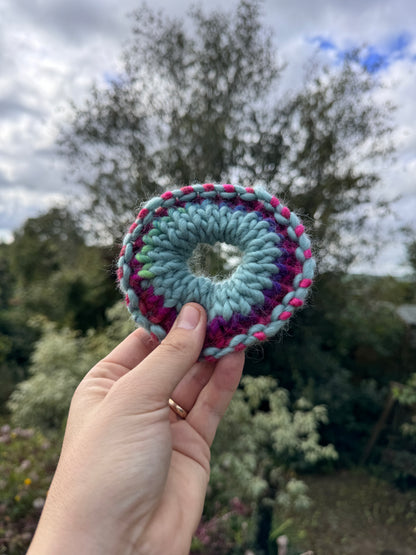 Hand knitted scrunchie - Duck Egg Blue and Rainbow