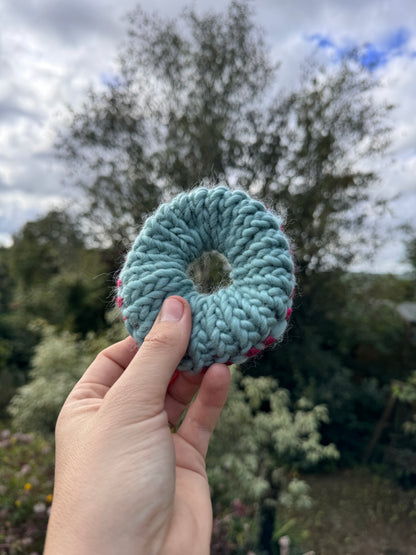 Hand knitted scrunchie - Duck Egg Blue and Rainbow