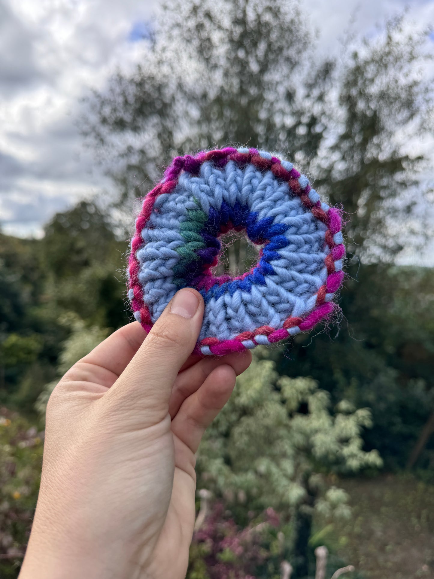 Hand knitted scrunchie - Tie Dye look with blue