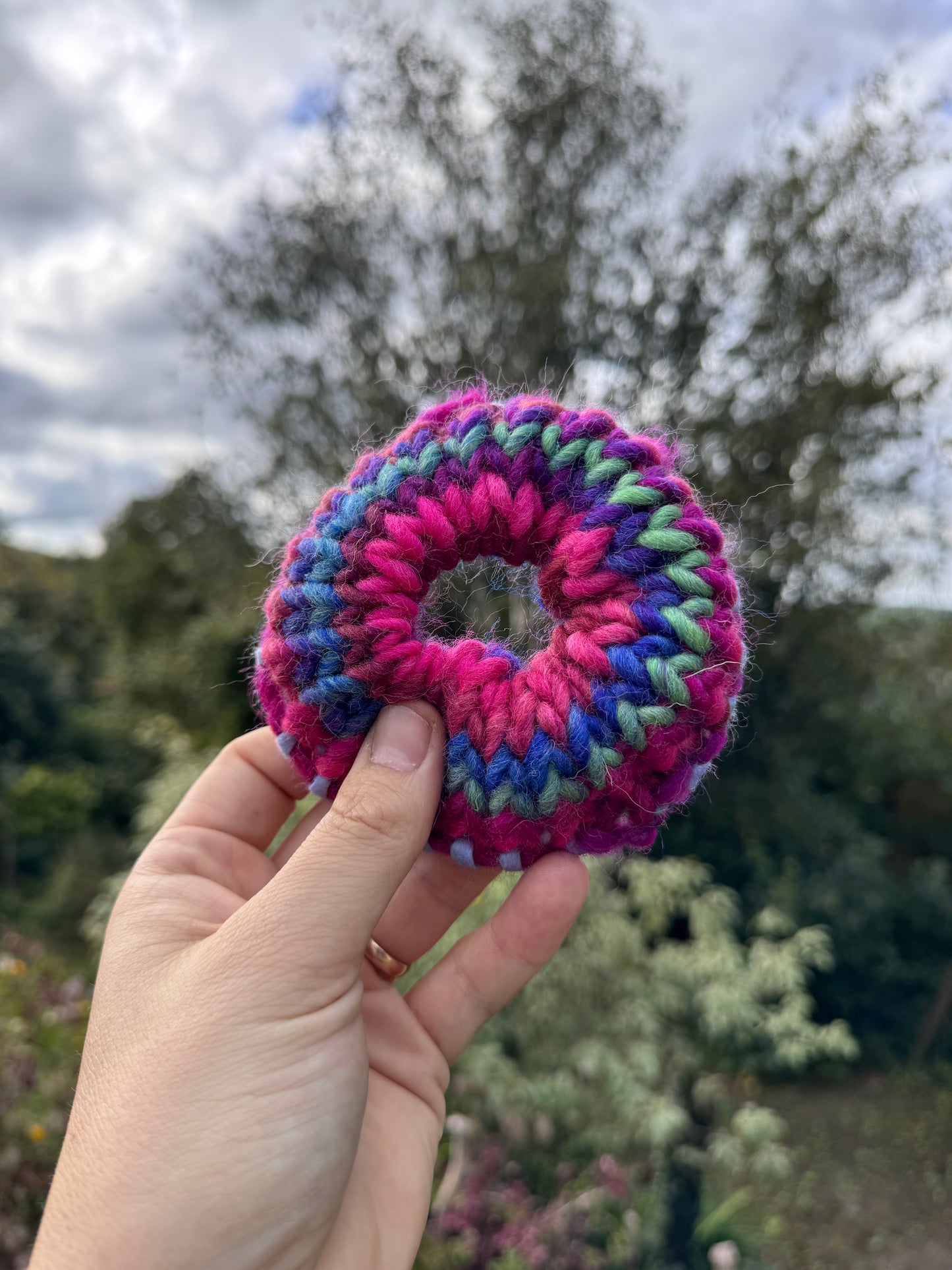 Hand knitted scrunchie - Tie Dye look with blue