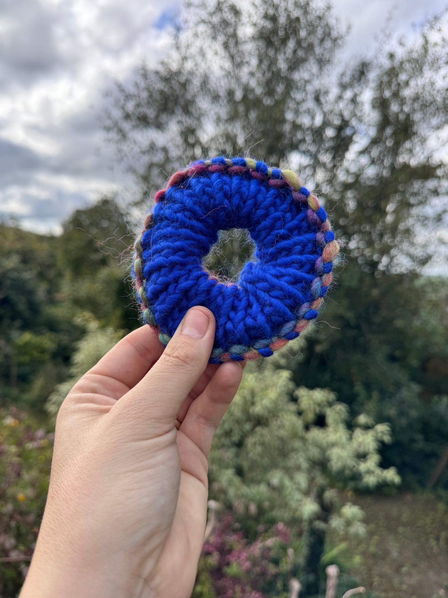 Hand knitted scrunchie - Royal Blue and Rainbow