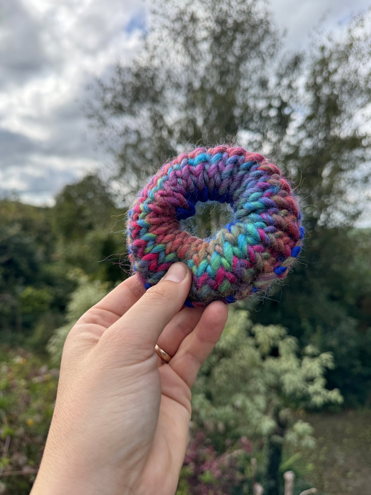 Hand knitted scrunchie - Royal Blue and Rainbow